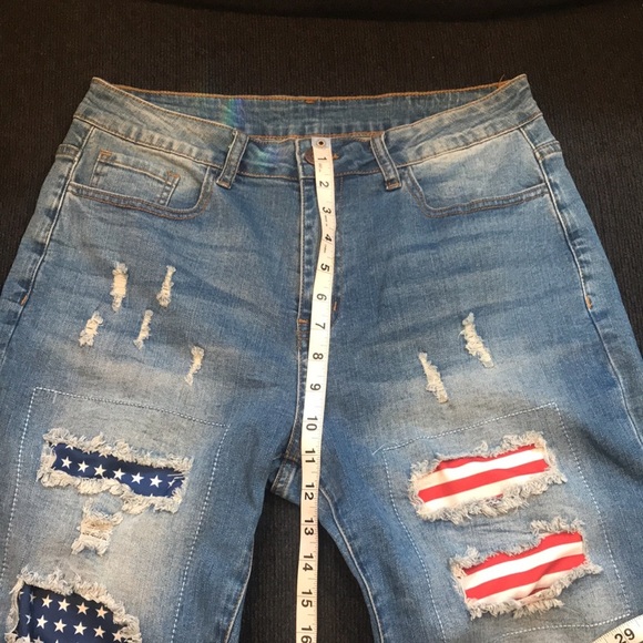 US Flag Stars and Stripes Distressed Patchwork 5 Pocket Straight Leg Jeans-L - Picture 7 of 10